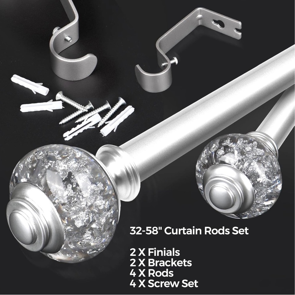 USFOOK ,Silver Decorative Drapery Rods 32-58”windows 20”-54”/Translucent Finials